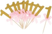 10 cupcake prikkers met gouden 1 en satijnen strikje roze - eerste - verjaardag - cupcake - prikkers - cakesmash