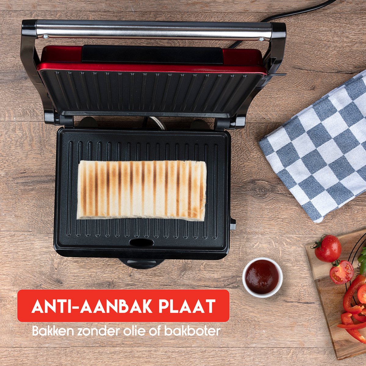 alpina Contact Grill 230V/1000W Tosti Ijzer Panini Grill Groente, Brood en Vlees Anti-Aanbaklaag Lekbak Zwart/Rood thumbnail 4