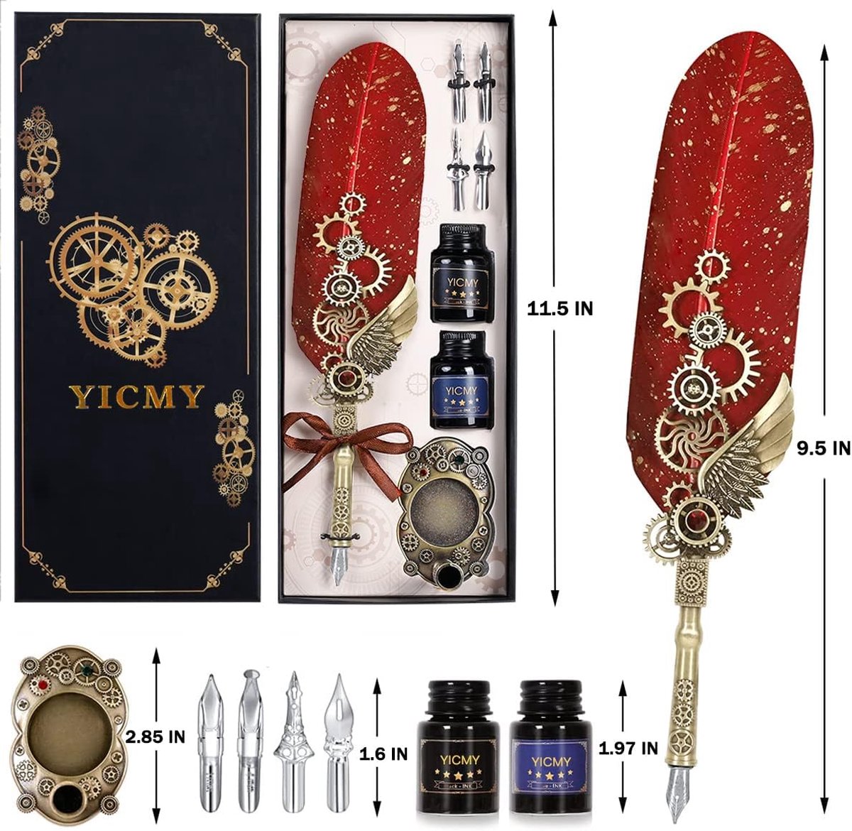 Vintage schrijfpen, retro dip quill inkt veer schrijven kalligrafie handtekening tekenstift, schoolstudent afstuderen Kerstmis bruiloft executive gift kit, met 5 stuks reserveveren rood