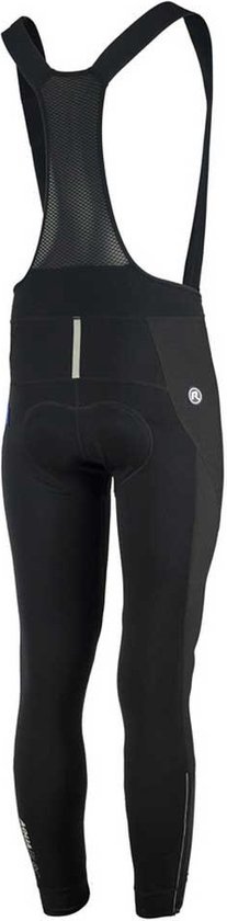 Achterkant van een zwarte fietsbroek met bretels, reflecterende streep en 'ROGELLI' logo.