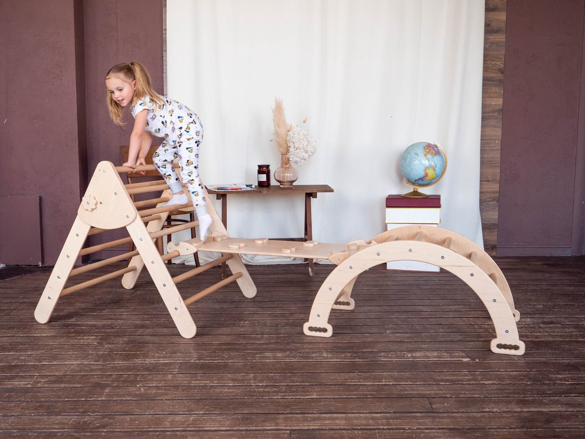 Triangle D'escalade Montessori + Rampe Arc + échelle Toboggan - 3 En 1 Bois Naturel - Enfants 1-4 Ans