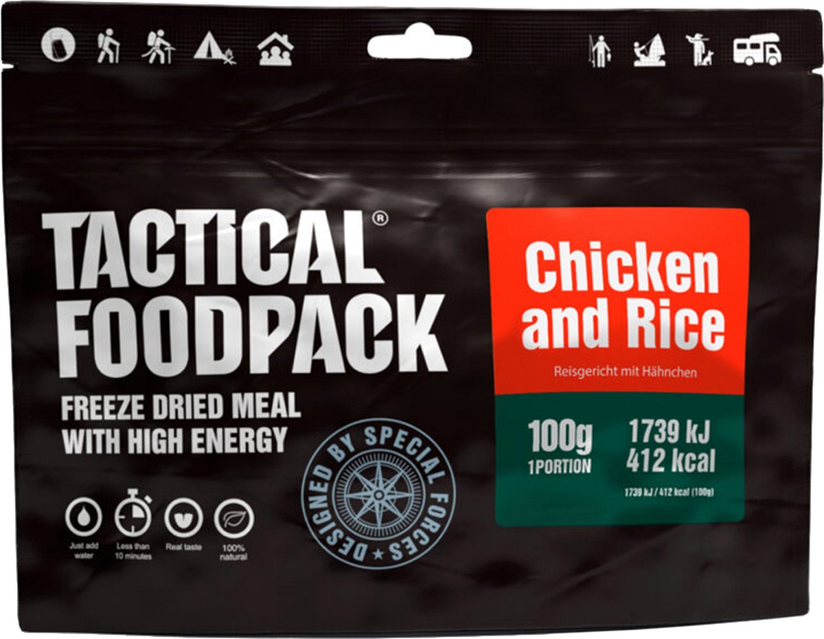 Tactical Foodpack Chicken and Rice (100g) - Licht gekruide kip met rijst - 412kcal - buitensportvoeding - vriesdroogmaaltijd - survival eten - prepper - 8 jaar houdbaar - lunch of avondmaaltijd