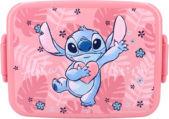 Boîte à lunch rose avec Lilo & Stitch tenant un cœur. Texte 'Aloha' et 'Stitch'.
