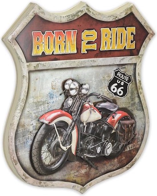 BLIKKEN BORD MENCAVE RECLAME BORD AN EMBOSSED TIN PLATE - BORN TO RIDE Breedte: 41,5 Lengte: 46