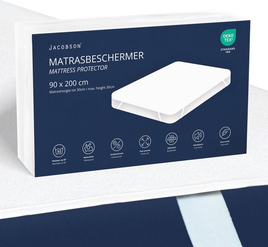 Jacobson - Protège matelas 90x200 cm - Protège matelas imperméable - Respirant - Antibactérien - Hauteur de matelas jusqu'à 30 cm - Wit