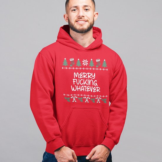 Foute Kerst Hoodie - Kleur Rood - Merry Fucking Whatever - Maat 3XL - Uniseks Pasvorm - Kerstkleding voor Dames & Heren