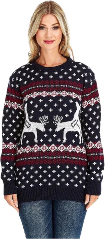 Donkerblauwe kersttrui met witte en bordeauxrode Fair Isle-patronen en twee witte rendieren op de voorkant.