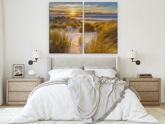 Artaza Peinture sur Toile Diptyque Plage et Dunes au Coucher du Soleil - 160x120 - Groot - Photo sur Toile - Impression sur Toile