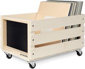 Boîte à disques en bois avec tableau noir - avec roulettes - 42,9 x 34,4 x 28 cm - pour jusqu'à 80 LP - boîte de rangement pour vinyles - naturel