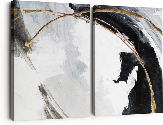 Artaza Canvas Schilderij Tweeluik Abstracte Kunst - Wit met Zwart en Goud - 60x40 - Klein - Foto Op Canvas - Canvas Print