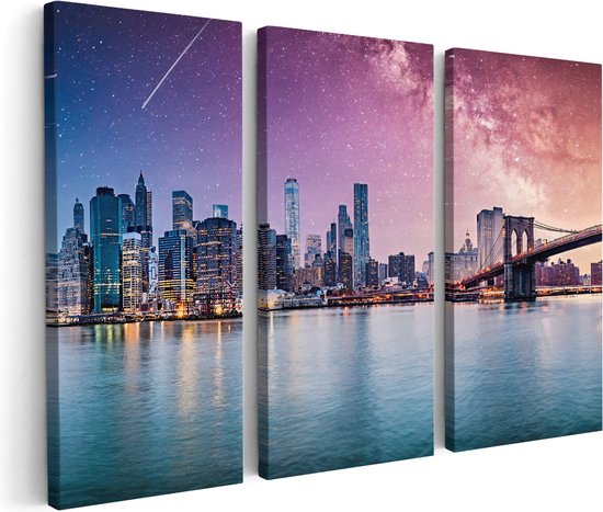 Artaza Canvas Schilderij Drieluik New York Skyline Met Een Kleurrijke Hemel - 150x100 - Groot - Foto Op Canvas - Canvas Print