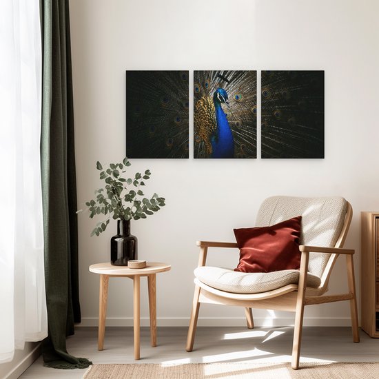 Artaza Tableau sur Toile Triptyque Paon Bleu avec Grandes Ressorts - 90x40 - Photo sur Toile - Impression sur Toile