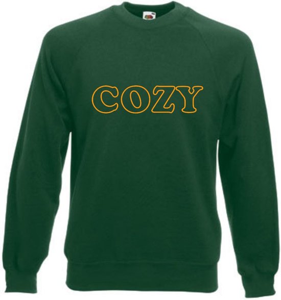 Huissweater - Huistrui - Sweater - Groen - NEON ORANJE tekst COZY - ruimzittend - LARGE