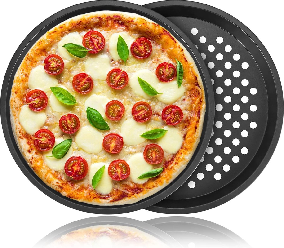 Pizzaplaat, rond, 28 cm, met gaten, knapperige bakplaat, bakplaat, anti-aanbakbakken van koolstofstaal voor pizza en flambée, set van 2 pizzapannen, geperforeerd voor oven, knapperige korst
