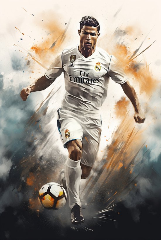 Affiche Cristiano Ronaldo | Action de dribble | Affiche du Real Madrid | Portrait abstrait | Affiche de football | Champions League | 51x71cm | Décoration murale | Affiche murale | RTB | Convient pour l'encadrement