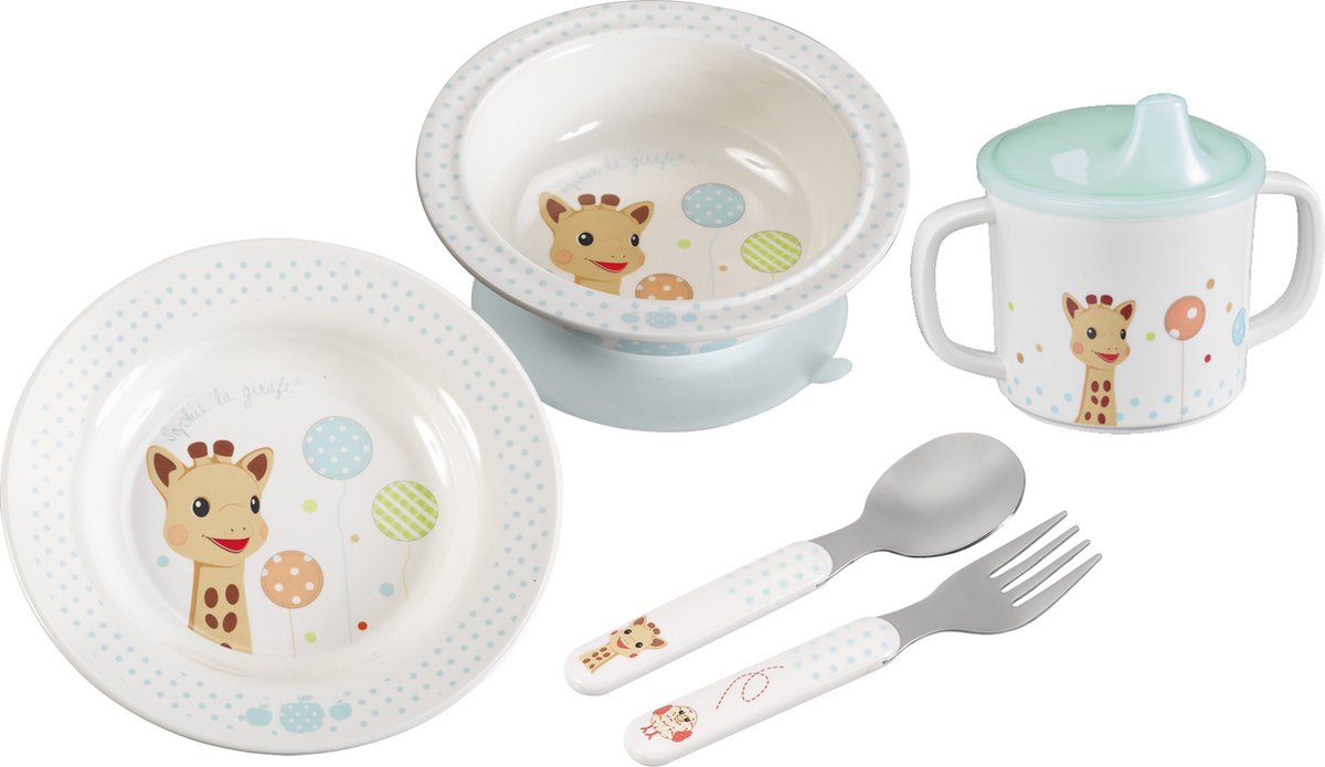 Goedkoopste Sophie de giraf Maaltijdset - Kinder servies - Kinderbord - Drinkbeker - Kom - Kinder bestek - Vaatwasser bestendig - Vanaf 6 maanden - 5-Delig - Beige/Blauw