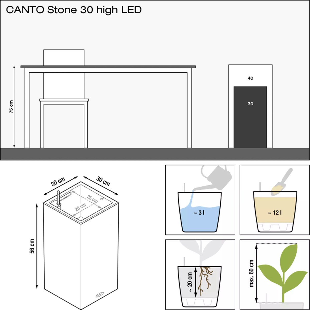 Lechuza Canto Stone 30 high LED - Planter