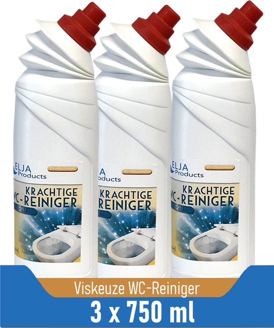 Drie flessen Elja Krachtige WC-Reiniger met rode doppen. De etiketten tonen een toilet.