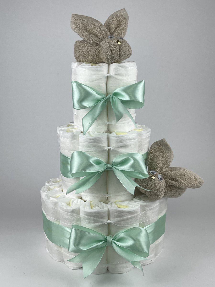 Goedkoopste Chouette-Chouette | Luiertaart Neutraal | Kraamcadeau | Geboorte Jongen Meisje | Babyshower | Konijnen Cream - Groen