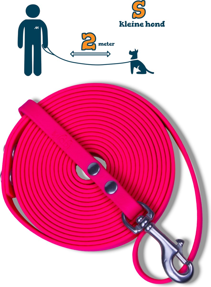Miqdi hondenriem - BioThane – neon roze – 2 meter lang – 9mm breed – XS/S – kleine hond