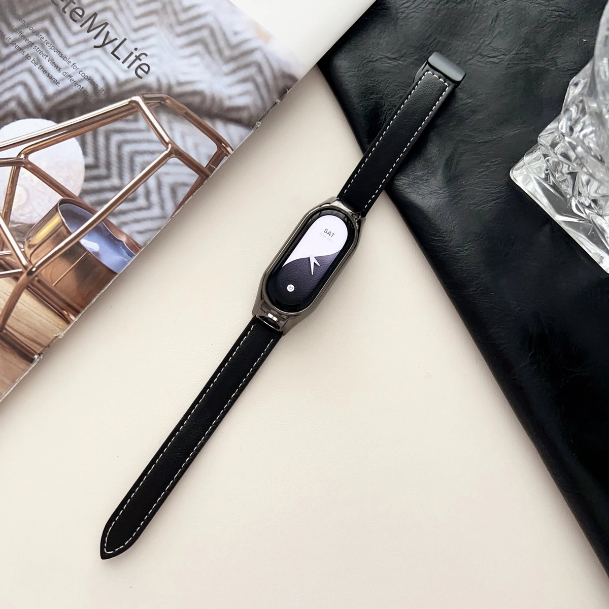 Echt leren band met magnetische gesp voor Xiaomi Mi Band 8(zwart)
