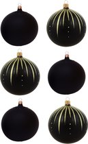 Boules de Boules de Noël Noir Mat avec Lignes et Rayures Glitter Dorées - Boîte de 6 Boules en Verre