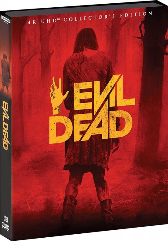 Verpakking van "Evil Dead" met op de voorkant een rood bos en een persoon, en op de zijkant "Evil Dead 4K UHD Collector's Edition".