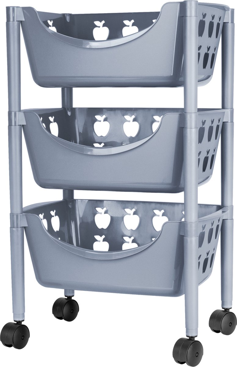 Juypal Keukentrolley met appelmotief - 3-laags - grijs - kunststof - 45 x 29,5 x 70,5 cm