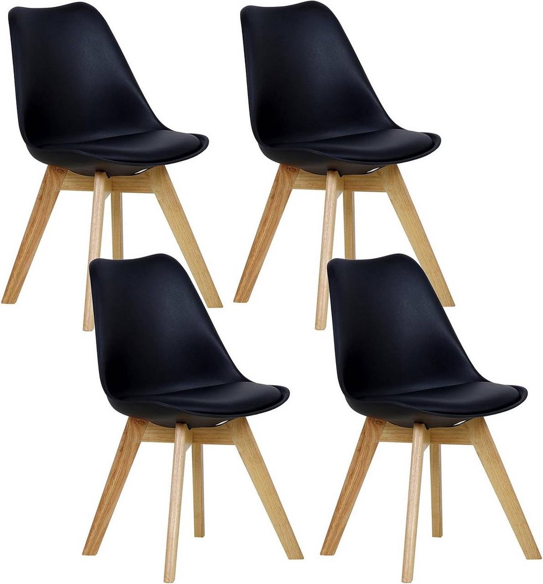 BukkitBow - Eetkamerstoelen Houten Frame met Retro Stijl - Gewatteerd Zitting met Kussen - Set van 4 Stuks - Zwart