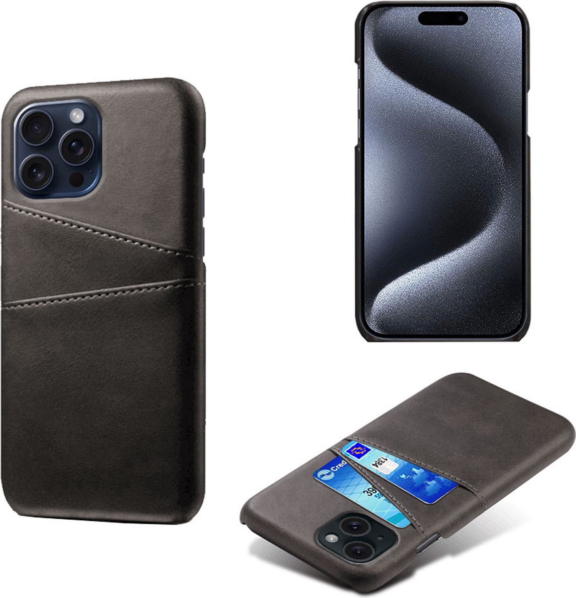 Backcover met Opbergvakjes + PMMA Screenprotector voor iPhone 15 Pro _ Zwart