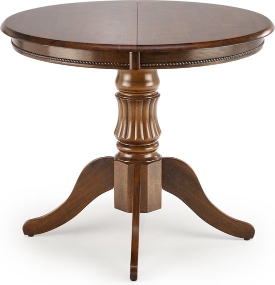 Ronde, uitschuifbare houten tafel met gecanneleerde middenpoot en driedelige basis.