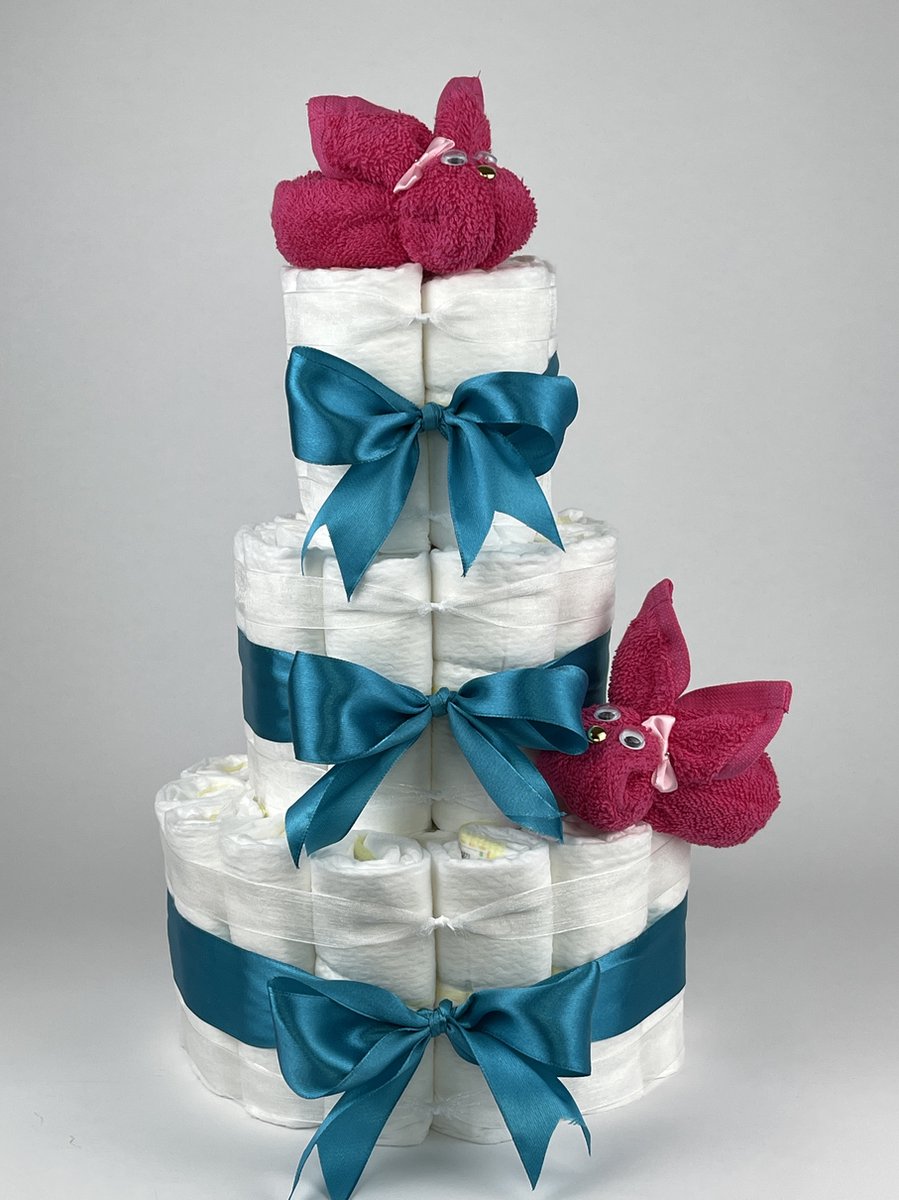 Chouette-Chouette | Luiertaart Meisje | Kraamcadeau | Geboorte Meisje | Babyshower | Konijnen Fuchsia roze - Petrol