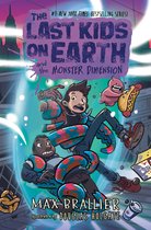 Boekomslag van The Last Kids on Earth and the Monster Dimension. Jongens vallen in een portaal, omsloten door tentakels met oranje en blauwe spikkels.