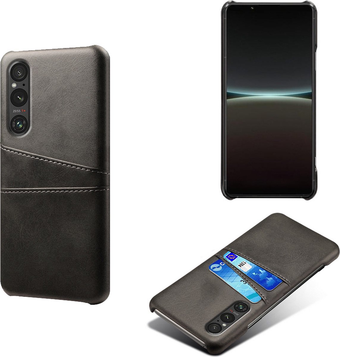 Back Cover met Opbergvakjes + Gehard Glas Screenprotector voor Sony Xperia 1 V _ Zwart