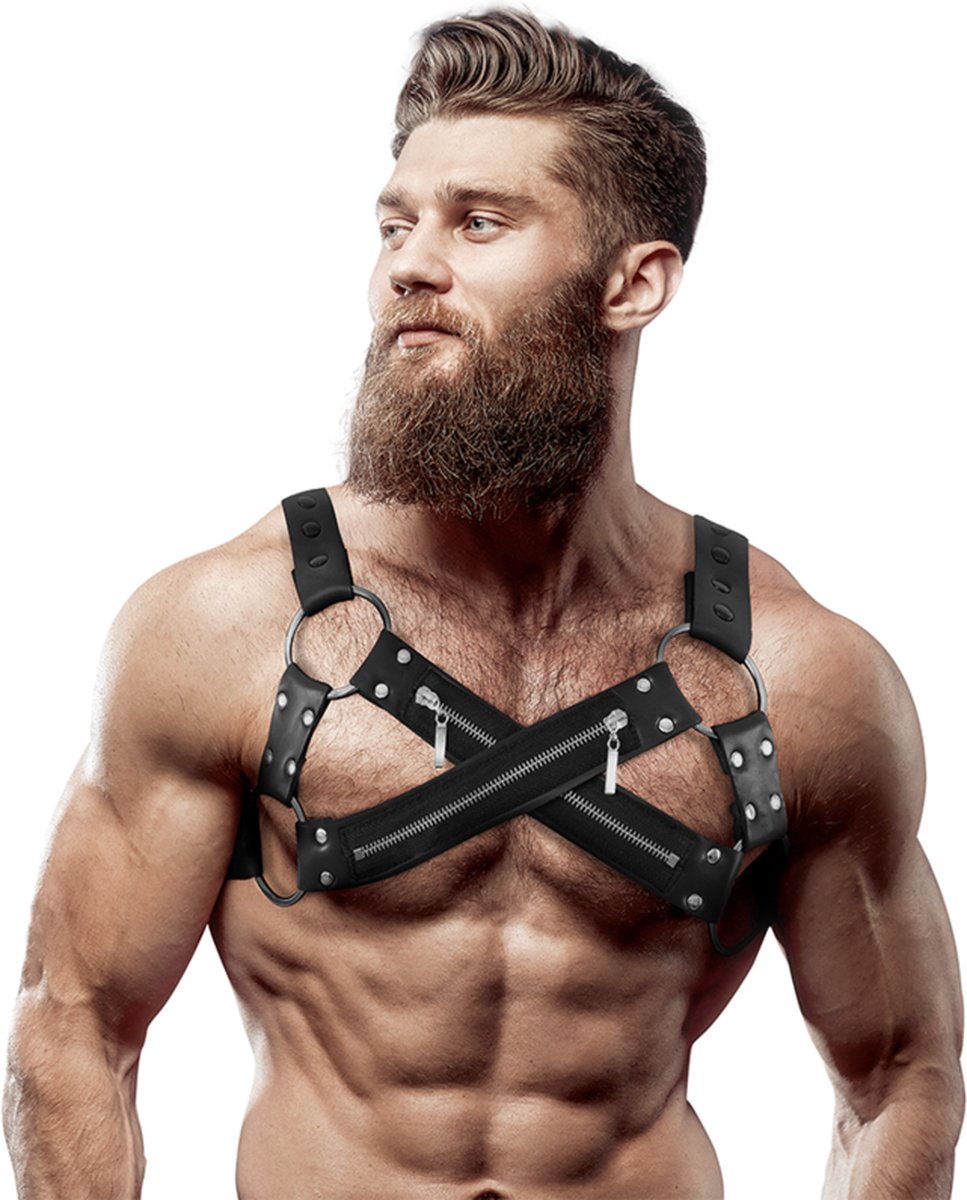 FETISH SUBMISSIVE ATTITUDE™ - ADJUSTABLE NEOPRENE CROSS-OVER CHEST BULLDOG HARNESS WITH ZIPPERS FOR MEN | BDSM | FETISH | BONDAGE | MAN BODY HARNESS
