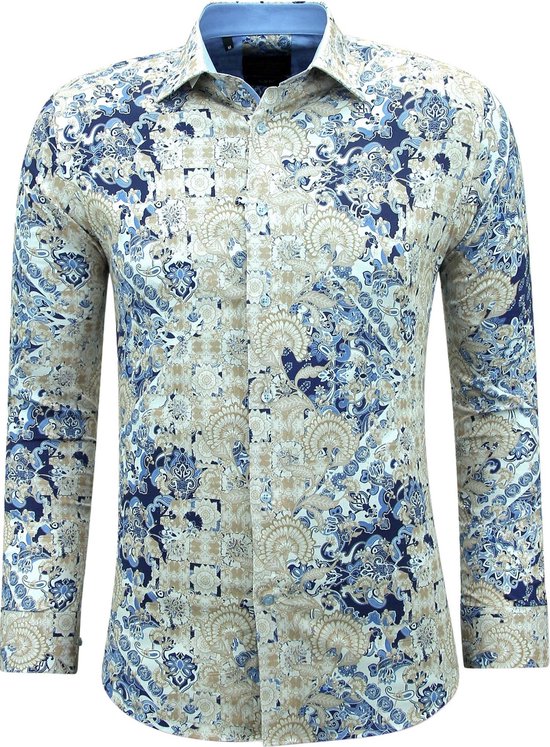 Heren Overhemden Lange Mouw - Heren Print Overhemden - Blouse Heren Slim Fit - 3140 - Blauw