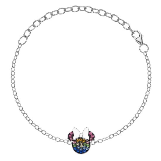 Disney 4-DIS007 Zilveren Armband Minnie Mouse - Minnie Armbandje - Disney Sieraden - 14+3cm Lengte - Ankerschakel - 1,9mm Breed - Minnie 11x12mm - Kristal - Multikleuren - 925 - Zilver