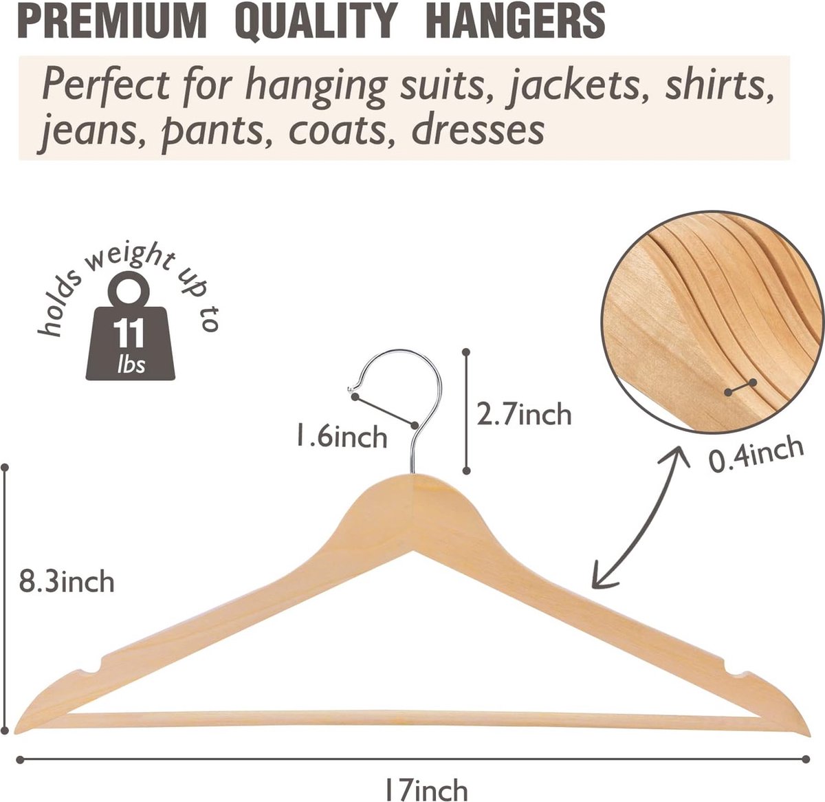 Houten Kledinghangers, Set van 20, Jas Hangers, Met Schouder Inkepingen