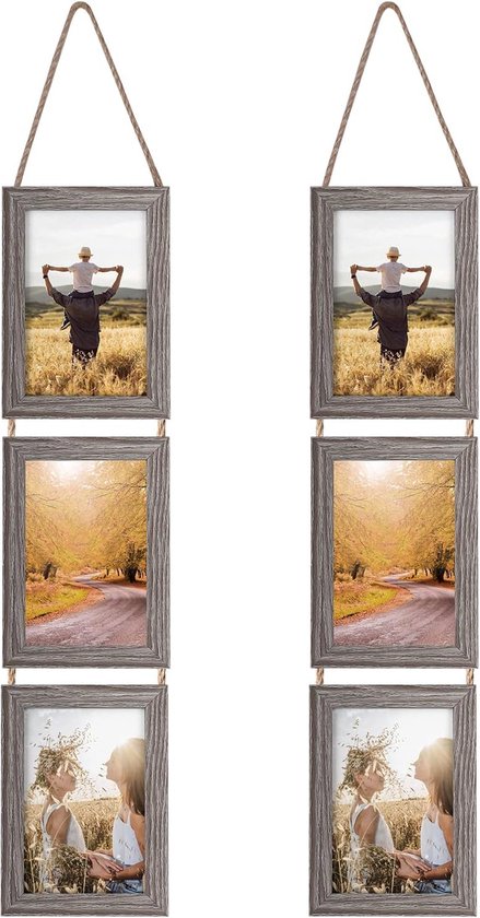 10 x 15 Collage Triple Hangende Fotolijst Set, Rustieke 6 Open Verticale Frames Gemaakt om 10 x 15 cm Foto Postkaart te Tonen voor Muurdecoratie, Grijs