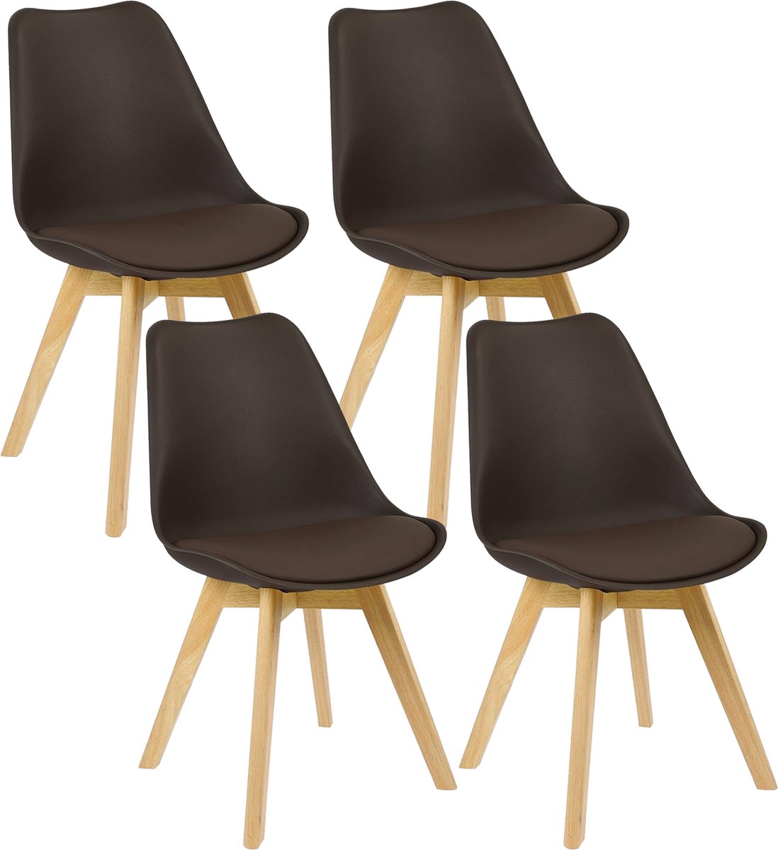 BukkitBow - Eetkamerstoelen Houten Frame met Retro Stijl - Gewatteerd Zitting met Kussen - Set van 4 Stuks - Bruin