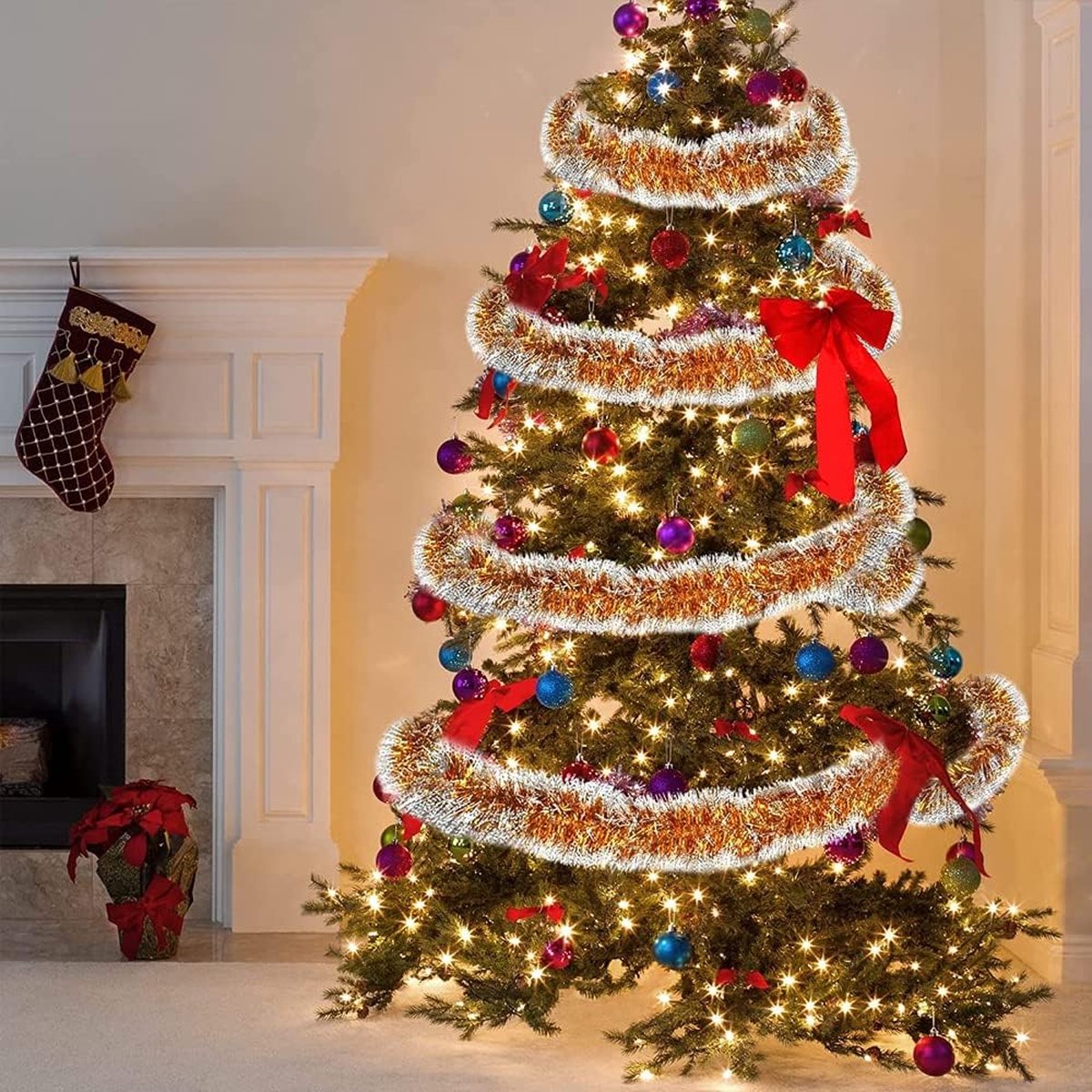 Kerstslinger, 16 meter klatergoud, kerstslinger, decoratie, kerstboomversiering, kerstslinger, boomversiering, glanzende kerstslinger,geel.