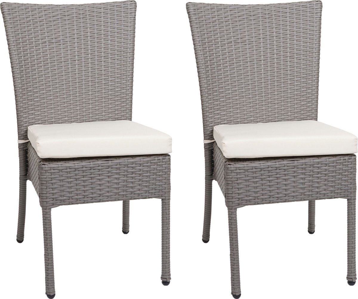 Set van 2 polyrotan stoelen MCW-G19, balkonstoel tuinstoel, stapelbaar ~ grijs, crèmekleurige kussens