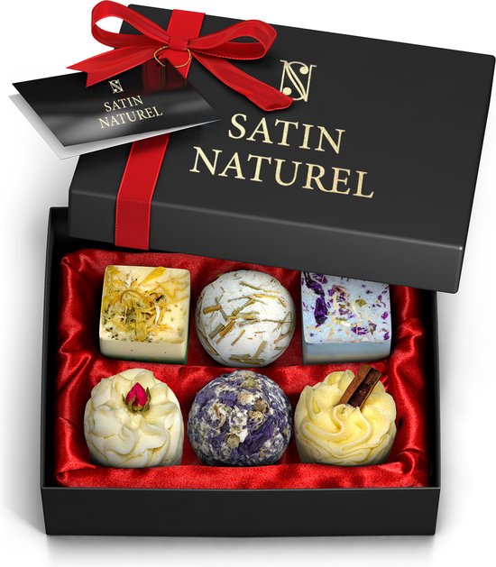 Satin Naturel Moederdag Cadeautje - Geschenkset voor Vrouwen, Luxe Bruisballen voor bad, Badbruisballen en Badparels van essentiële oliën en shea butter (ongeraffineerd), ideaal voor huidverzorging en ter ontspanning, Badset met 6 stuks