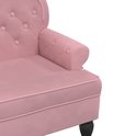 Roze fluwelen bankje met knopen en zwarte pootjes.
