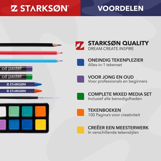 Voordelen van de STARKSØN tekenkoffer: kwaliteit, plezier, compleet, inclusief tekenboeken.