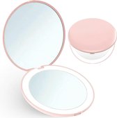 LED verlichte compacte Make-up Spiegel voor op Reis, 1X/ 10X vergroting – 12 Daglicht LED, Draagbaar, 9*1.8 cm compacte spiegel met lampen, Zijdewit, vergrotende led-zakspiegel (Roze)