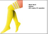 Paire de chaussettes longues jaunes à rayures blanches - taille 36-41 - chaussettes hautes au-dessus des genoux chaussettes de sport pom-pom girl carnaval football hockey festival unisexe