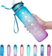 Drinkflessen-1 liter-Drinkfles met rietje-BPA-vrij-Motiverende waterfles met tijdmarkering-Drinkfles-Blauw roze