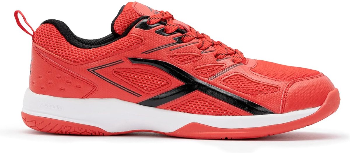 Hundred Xoom non-marking professionele badmintonschoenen voor heren | Materiaal: kunstleer | Geschikt voor indoortennis, squash, tafeltennis, basketbal en padel (rood/wit, maat: EU 44, UK 10, US 11)