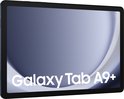 Galaxy Tab A9+ tablet in donkerblauw, met een gedempt scherm.